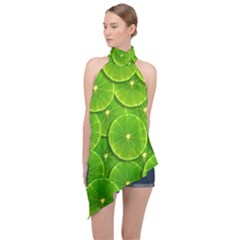 Lime Textures Macro, Tropical Fruits, Citrus Fruits, Green Lemon Texture Halter Asymmetric Satin Top by nateshop