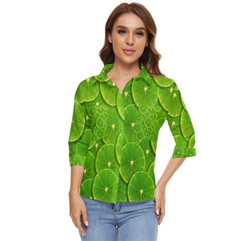 Lime Textures Macro, Tropical Fruits, Citrus Fruits, Green Lemon Texture Women s Quarter Sleeve Pocket Shirt by nateshop