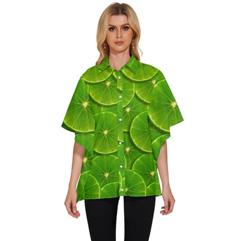 Lime Textures Macro, Tropical Fruits, Citrus Fruits, Green Lemon Texture Women s Batwing Button Up Shirt by nateshop