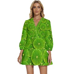 Lime Textures Macro, Tropical Fruits, Citrus Fruits, Green Lemon Texture V-neck Placket Mini Dress by nateshop