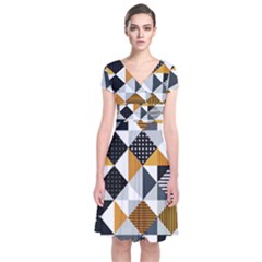 Pattern Tile Squares Triangles Seamless Geometry Short Sleeve Front Wrap Dress