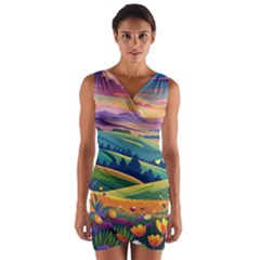 Field Valley Nature Meadows Flowers Dawn Landscape Wrap Front Bodycon Dress by Maspions