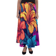 Hibiscus Flowers Colorful Vibrant Tropical Garden Bright Saturated Nature Flared Maxi Skirt by Maspions