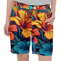 Hibiscus Flowers Colorful Vibrant Tropical Garden Bright Saturated Nature Women s Pocket Shorts by Maspions