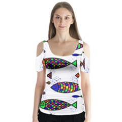 Fish Abstract Colorful Butterfly Sleeve Cutout T-shirt 