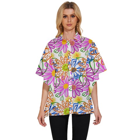Bloom Flora Pattern Printing Women s Batwing Button Up Shirt by Maspions
