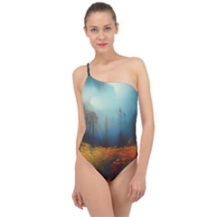 Wildflowers Field Outdoors Clouds Trees Cover Art Storm Mysterious Dream Landscape Classic One Shoulder Swimsuit by Posterlux