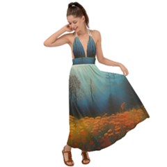 Wildflowers Field Outdoors Clouds Trees Cover Art Storm Mysterious Dream Landscape Backless Maxi Beach Dress by Posterlux