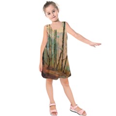 Woodland Woods Forest Trees Nature Outdoors Mist Moon Background Artwork Book Kids  Sleeveless Dress by Posterlux