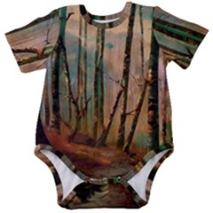 Woodland Woods Forest Trees Nature Outdoors Mist Moon Background Artwork Book Baby Short Sleeve Bodysuit by Posterlux