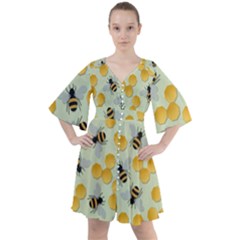Bees Pattern Honey Bee Bug Honeycomb Honey Beehive Boho Button Up Dress by Bedest
