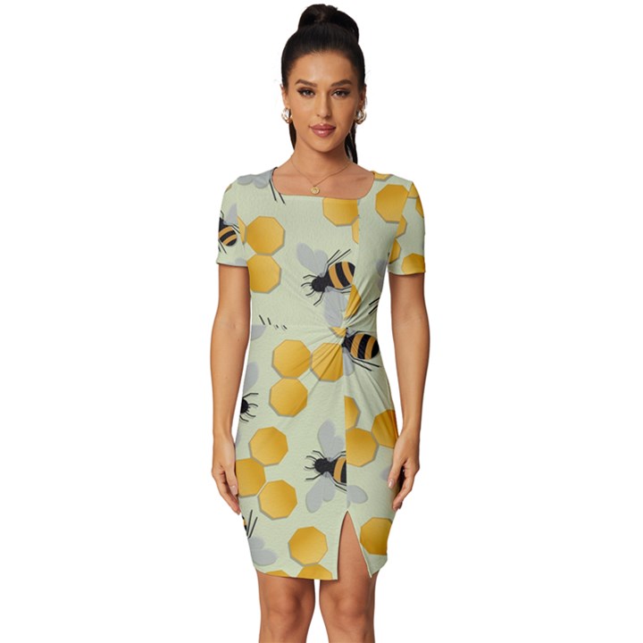 Bees Pattern Honey Bee Bug Honeycomb Honey Beehive Fitted Knot Split End Bodycon Dress
