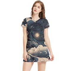 Starry Sky Moon Space Cosmic Galaxy Nature Art Clouds Art Nouveau Abstract Women s Sports Skirt by Posterlux