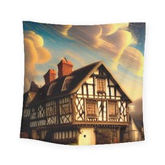 Village House Cottage Medieval Timber Tudor Split Timber Frame Architecture Town Twilight Chimney Square Tapestry (small) by Posterlux