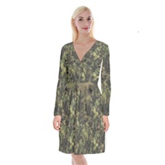Green Camouflage Military Army Pattern Long Sleeve Velvet Front Wrap Dress by Maspions