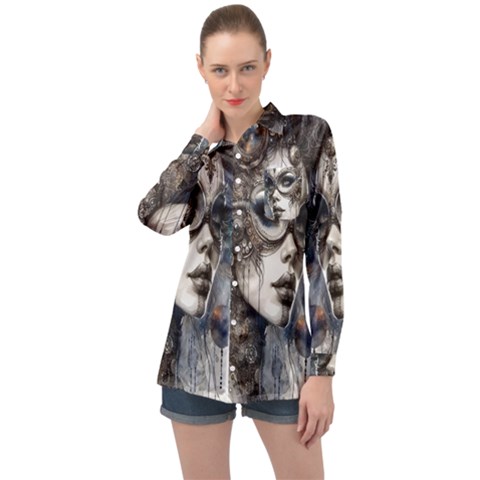 Woman In Space Long Sleeve Satin Shirt by CKArtCreations