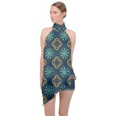 Flowers Pattern Design Abstract Halter Asymmetric Satin Top by Maspions