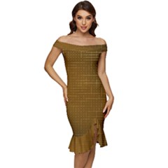 Anstract Gold Golden Grid Background Pattern Wallpaper Off Shoulder Ruffle Split Hem Bodycon Dress by Maspions