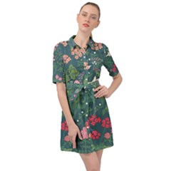 Spring Small Flowers Belted Shirt Dress