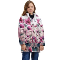 Flora Floral Flower Petal Kids  Hooded Longline Puffer Jacket