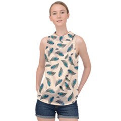 Background Palm Leaves Pattern High Neck Satin Top