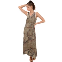 Old Vintage Classic Map Of Europe V-neck Chiffon Maxi Dress by Paksenen