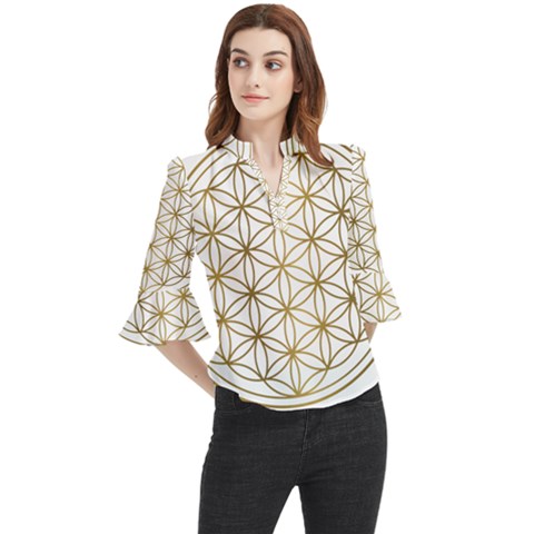 Gold Flower Of Life Sacred Geometry Loose Horn Sleeve Chiffon Blouse by Maspions