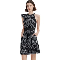 Old Man Monster Motif Black And White Creepy Pattern Cocktail Party Halter Sleeveless Dress With Pockets