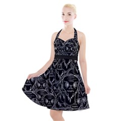 Old Man Monster Motif Black And White Creepy Pattern Halter Party Swing Dress 