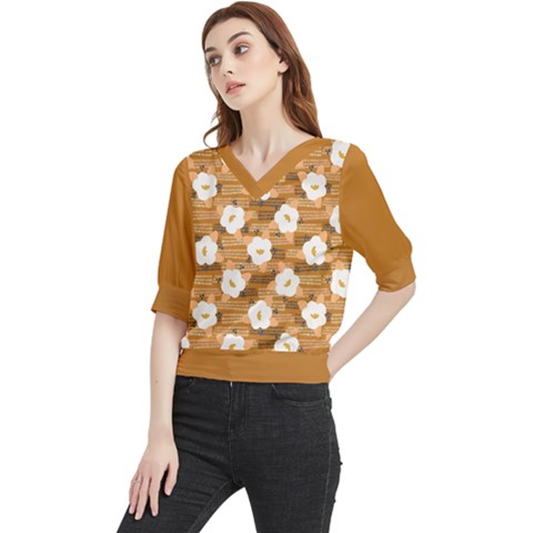 Hand Drawn Bold Coral White Spring Flower Blooms Quarter Sleeve Blouse by flowerland