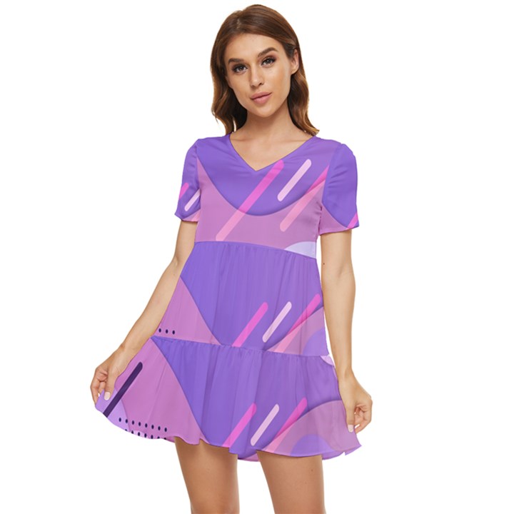 Colorful Labstract Wallpaper Theme Tiered Short Sleeve Babydoll Dress