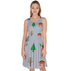 House Trees Pattern Background Knee Length Skater Dress With Pockets