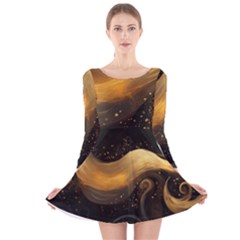 Abstract Gold Wave Background Long Sleeve Velvet Skater Dress
