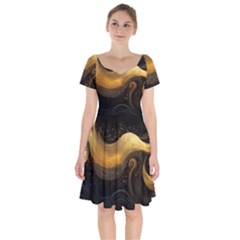 Abstract Gold Wave Background Short Sleeve Bardot Dress by Maspions