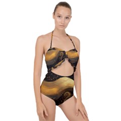 Abstract Gold Wave Background Scallop Top Cut Out Swimsuit