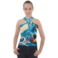 Waves Wave Ocean Sea Abstract Whimsical Cross Neck Velour Top by Maspions