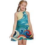 Waves Wave Ocean Sea Abstract Whimsical Kids  Halter Collar Waist Tie Chiffon Dress