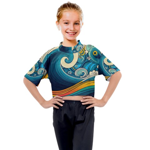 Waves Ocean Sea Abstract Whimsical Art Kids Mock Neck T-shirt by Maspions