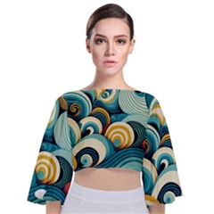 Wave Waves Ocean Sea Abstract Whimsical Tie Back Butterfly Sleeve Chiffon Top by Maspions