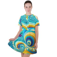 Abstract Waves Ocean Sea Whimsical Short Sleeve Shoulder Cut Out Dress  by Maspions