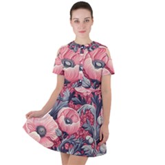 Vintage Floral Poppies Short Sleeve Shoulder Cut Out Dress  by Grandong