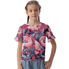 Vintage Floral Poppies Kids  Cuff Sleeve Scrunch Bottom T-shirt