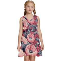 Vintage Floral Poppies Kids  Sleeveless Tiered Mini Dress
