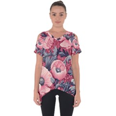 Vintage Floral Poppies Cut Out Side Drop T-shirt by Grandong