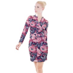 Vintage Floral Poppies Button Long Sleeve Dress