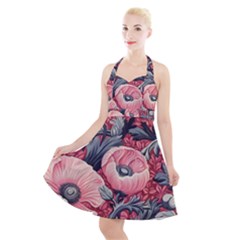 Vintage Floral Poppies Halter Party Swing Dress 