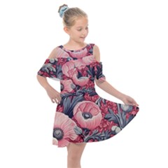 Vintage Floral Poppies Kids  Shoulder Cutout Chiffon Dress