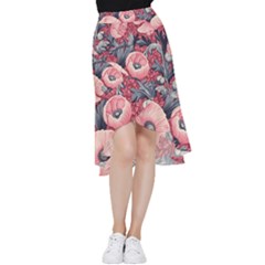 Vintage Floral Poppies Frill Hi Low Chiffon Skirt