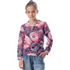 Vintage Floral Poppies Kids  Long Sleeve T-shirt With Frill 