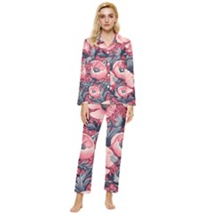 Vintage Floral Poppies Womens  Long Sleeve Velvet Pocket Pajamas Set